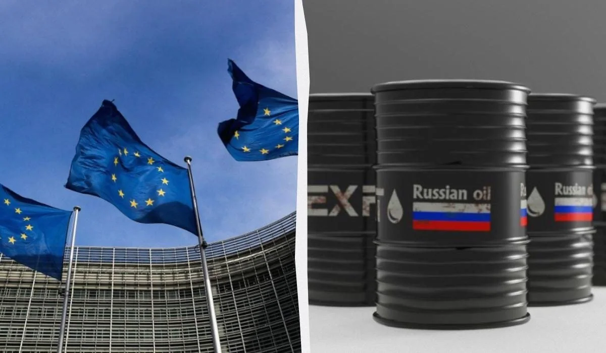 Флаги ЕС и бочки с российской нефтью