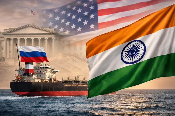 Индия просит США продолжить импорт санкционной нефти РФ Российский нефтяной танкер с флагами Индии, США и РФ на фоне Капитолия
