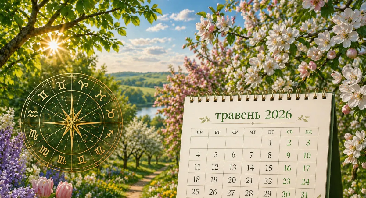 Календар травня 2026 з зодіаком для Тельців і Скорпіонів у квітучому саду