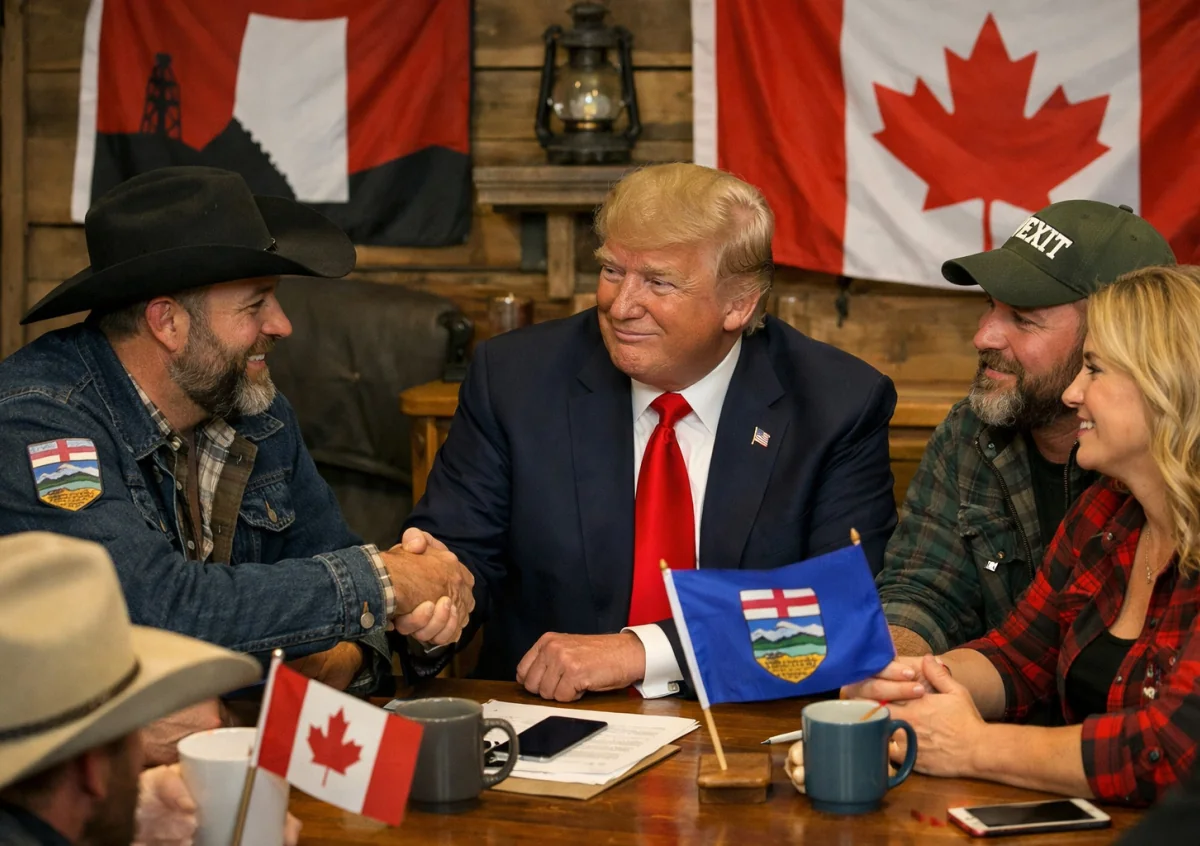 Дональд Трамп тисне руку сепаратистам Альберти з WEXIT на тлі прапорів Канади та провінції.