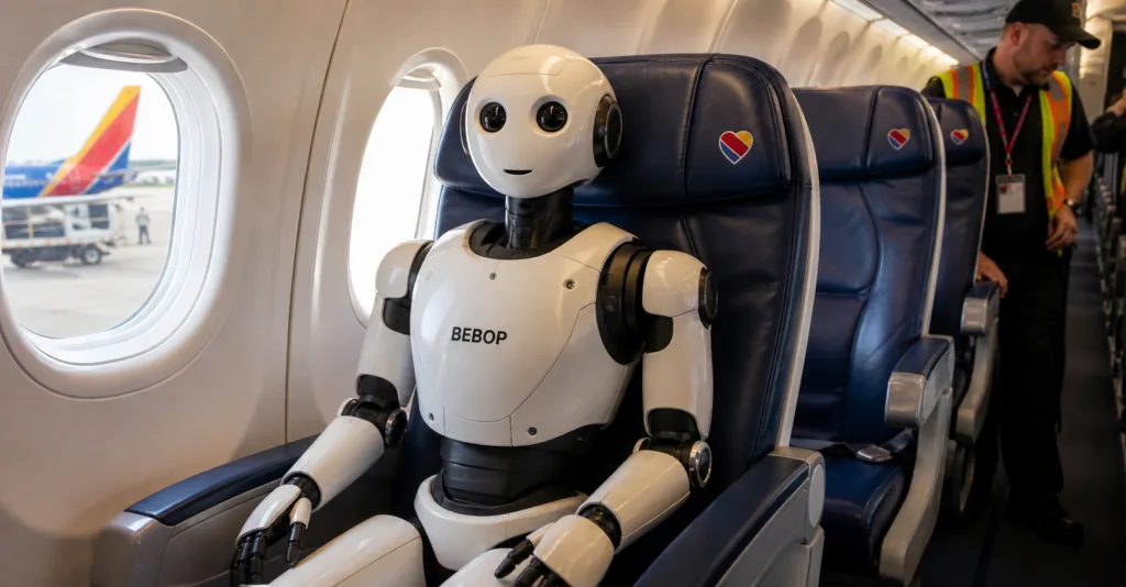 Гуманоїдний робот Beebop у салоні літака Southwest Airlines