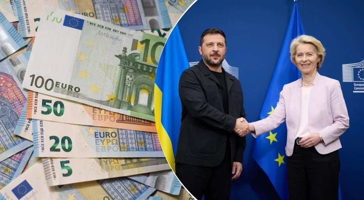 Рукостискання Зеленського з фон дер Ляєн на тлі прапорів ЄС та України поряд з купою євро