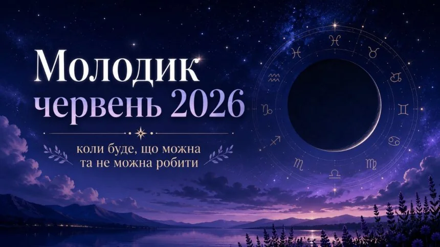 Молодик у червні 2026 з колом знаків Зодіаку на зоряному небі
