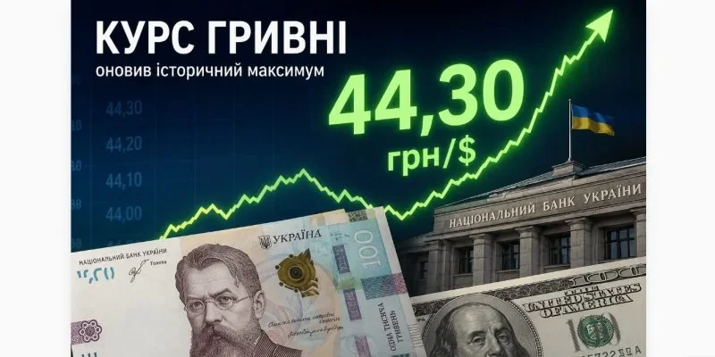 Курс гривні оновив історичний максимум 44,30 грн за долар у Нацбанку