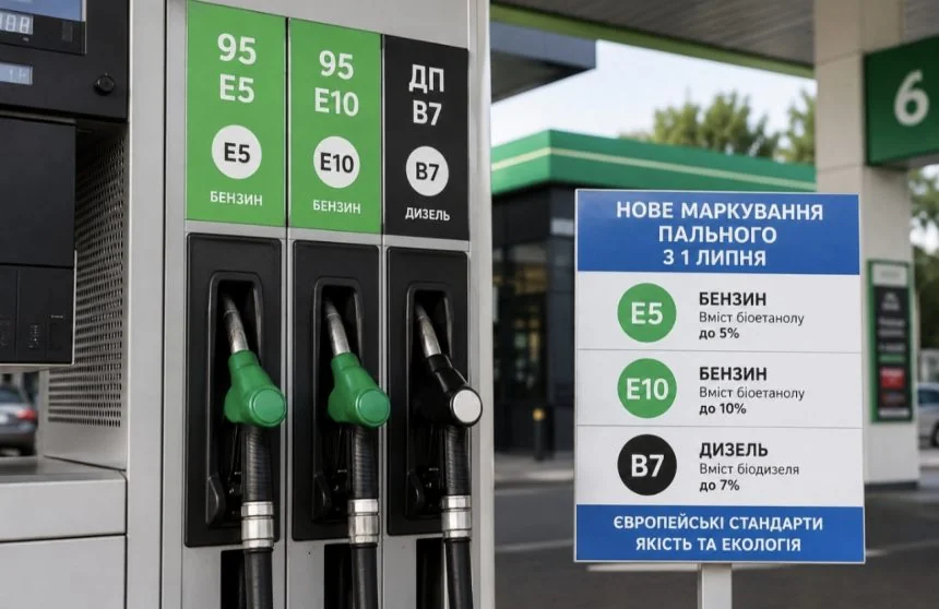 Колонки АЗС з маркуванням E10, E5 та знаком про нові стандарти з 1 липня