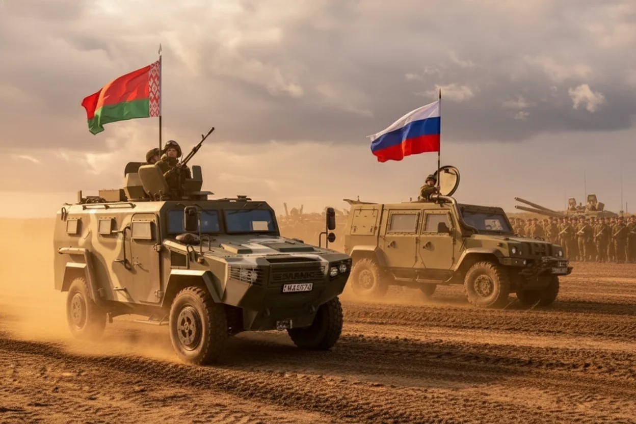 Білоруські та російські бронемашини з прапорами під час спільних навчань