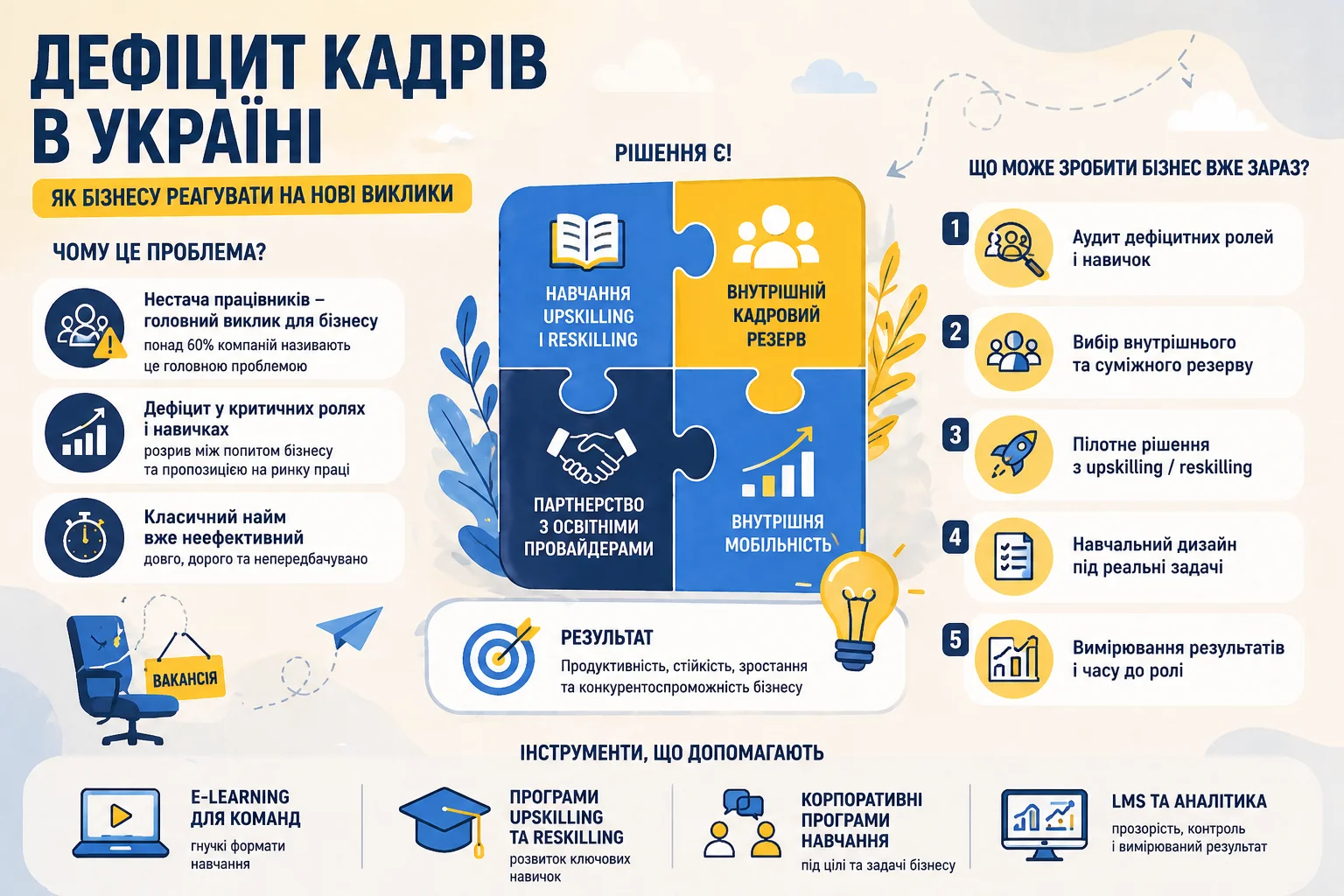 HR Wisdom Summit 2026: как бизнес адаптирует команды к дефициту кадров Дефицит кадров в Украине: решения upskilling и внутренней мобильности для бизнеса