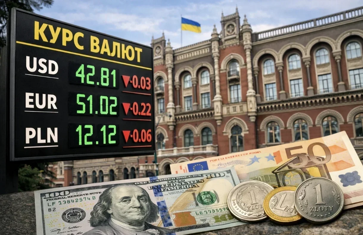 Курс валют НБУ: долар, євро та злотий на тлі будівлі банку