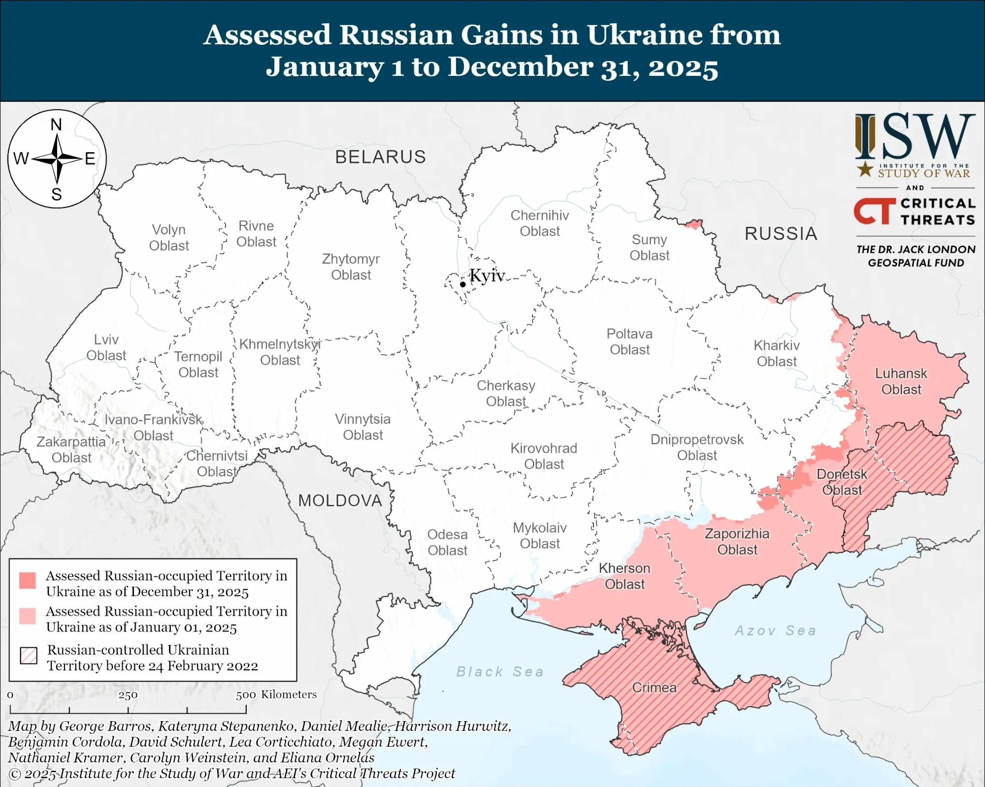 Карта оціненого просування російських військ в Україні за даними ISW у 2025 році
