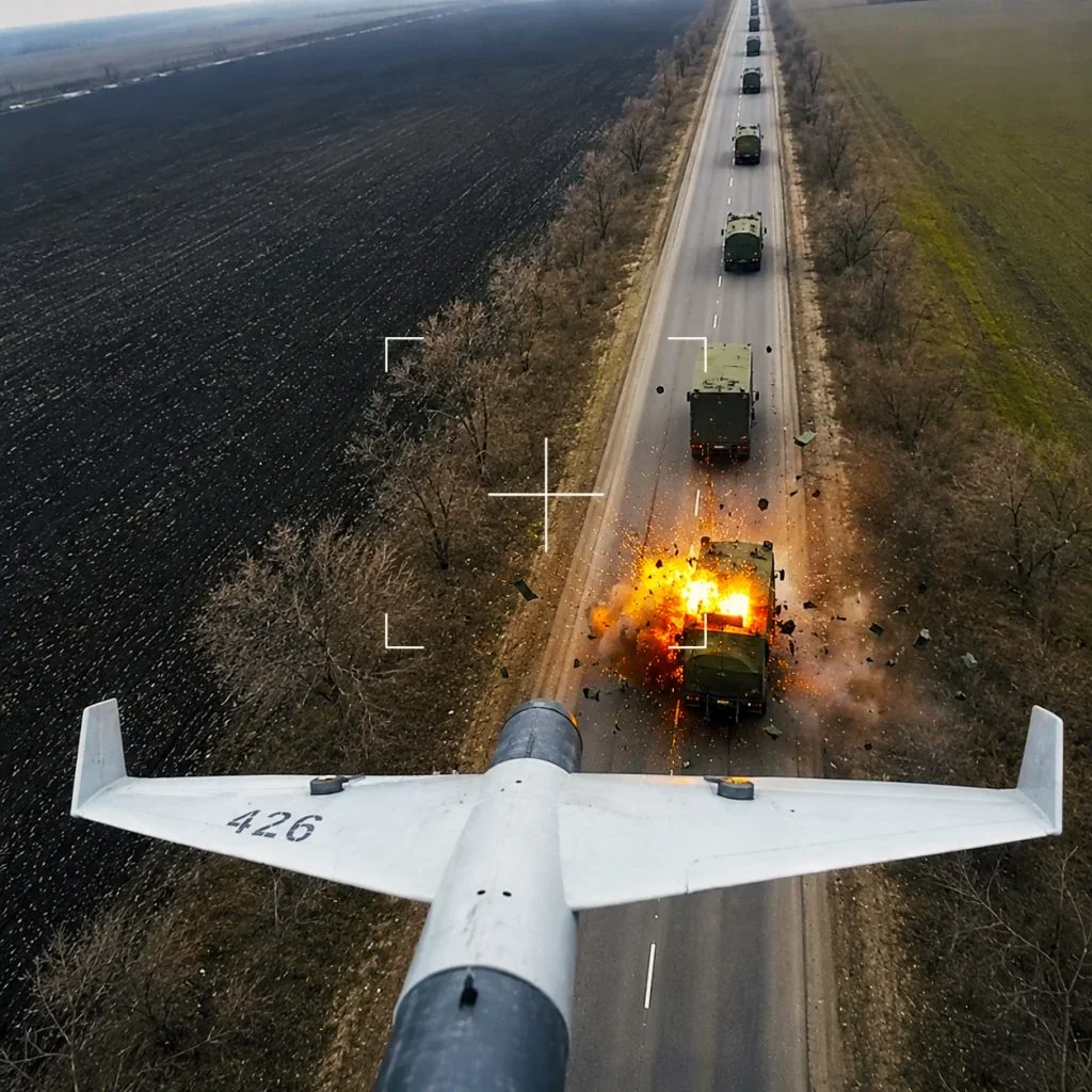 Український дрон вражає колону техніки РФ на дорозі Мелітополь — Чонгар