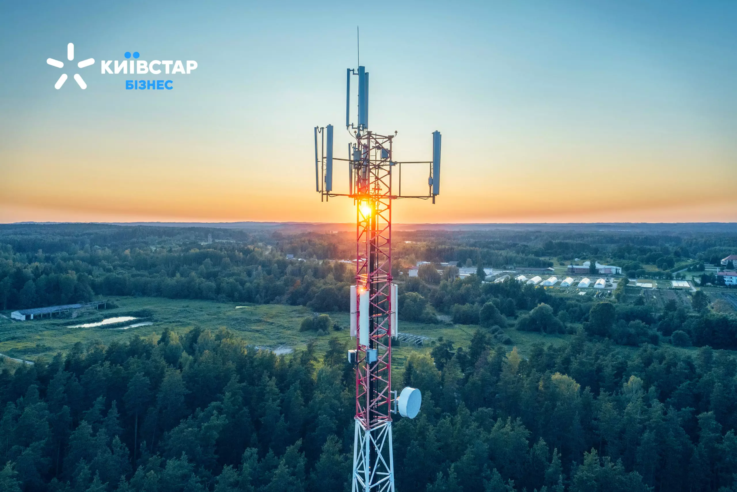 Телекомунікаційна вежа Київстар серед лісів на світанку