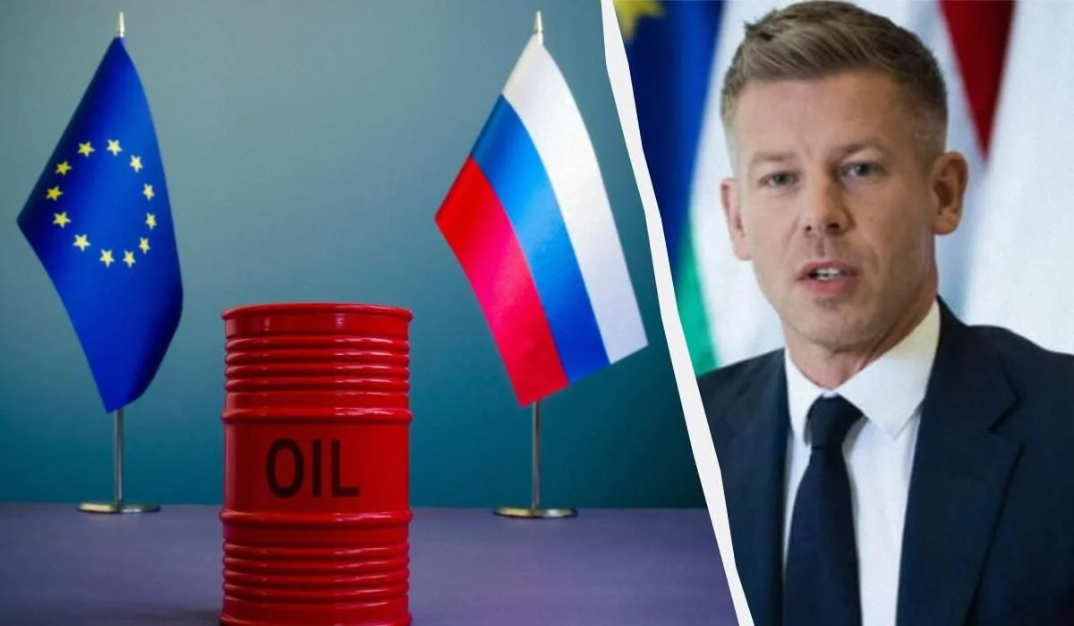 Петер Мадяр на фоне флагов ЕС, России и бочки с нефтью