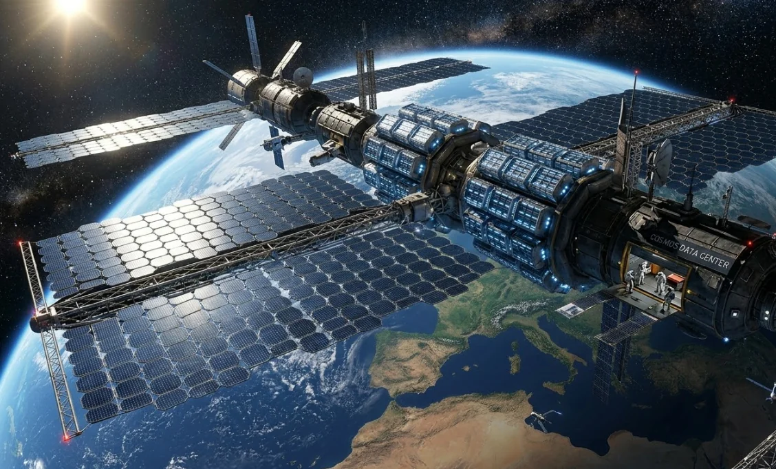 Орбітальний дата-центр SpaceX з сонячними панелями на орбіті Землі