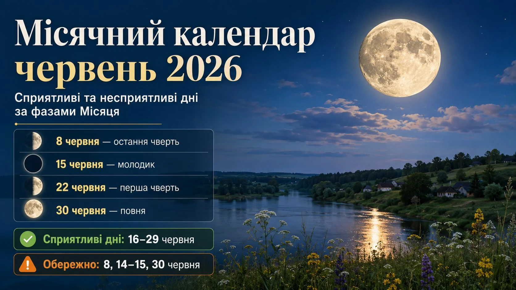 Місячний календар на червень 2026 з фазами Місяця та сприятливими днями для посадки