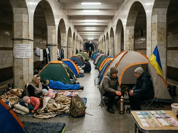 Люди з наметами в київському метро під час повітряної тривоги