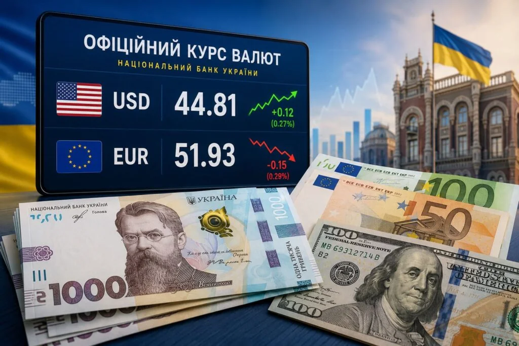 Офіційний курс долара та євро Національного банку України на тлі гривневих банкнот