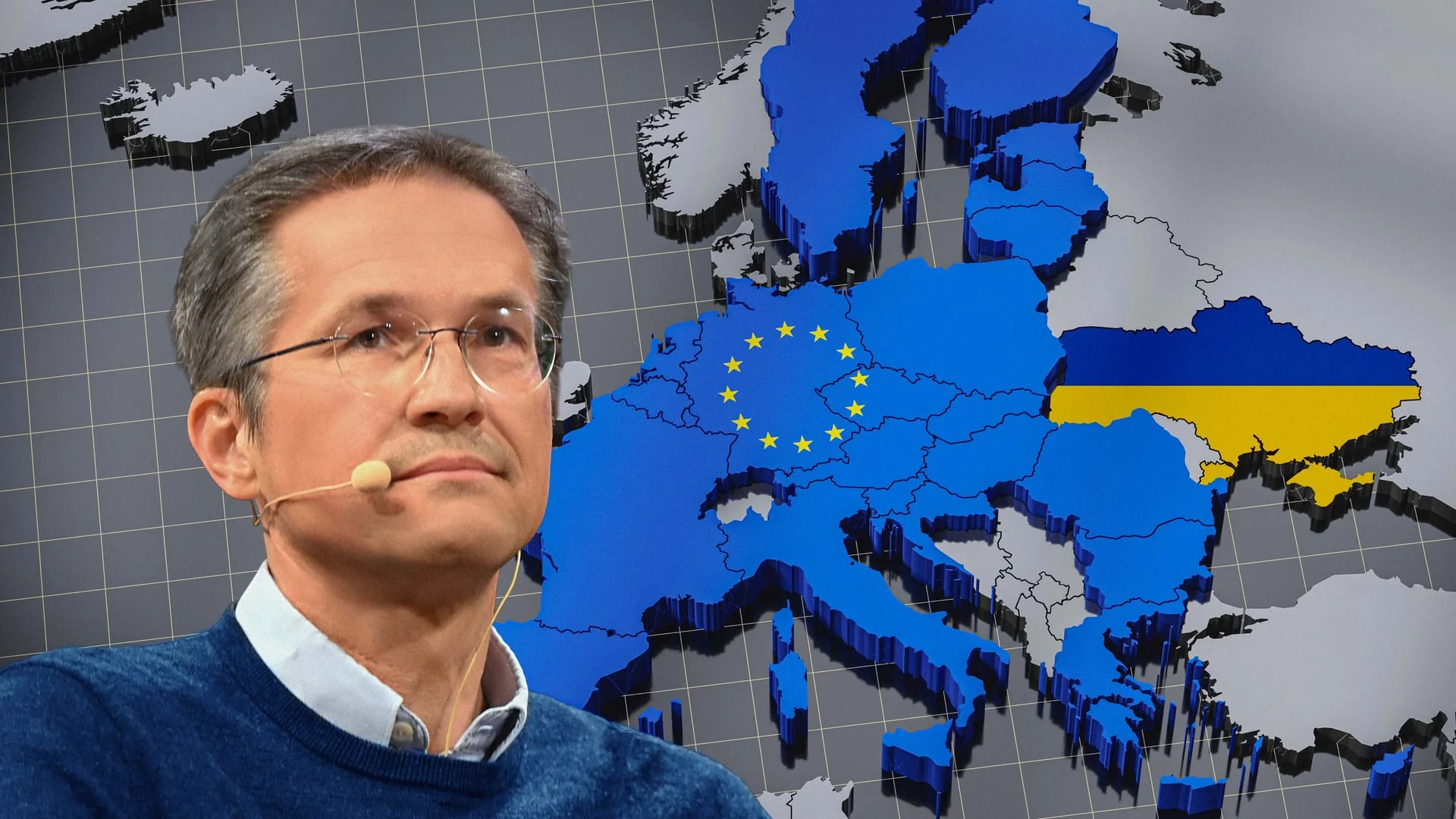 Експерт на тлі мапи Європи з Україною та прапором ЄС