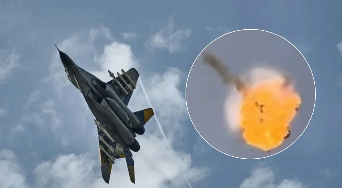 МіГ-29 у небі з кадром вибуху після падіння літака