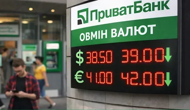 Табло обміну валют ПриватБанку з курсами долара та євро