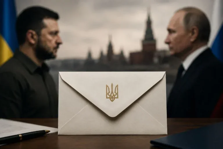 Зеленський і Путін з конвертом листа України між ними