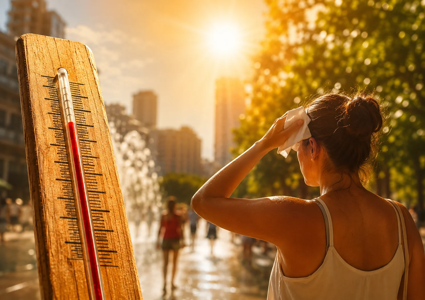 Спека в Україні до +36°, жінка витирає піт біля термометра
