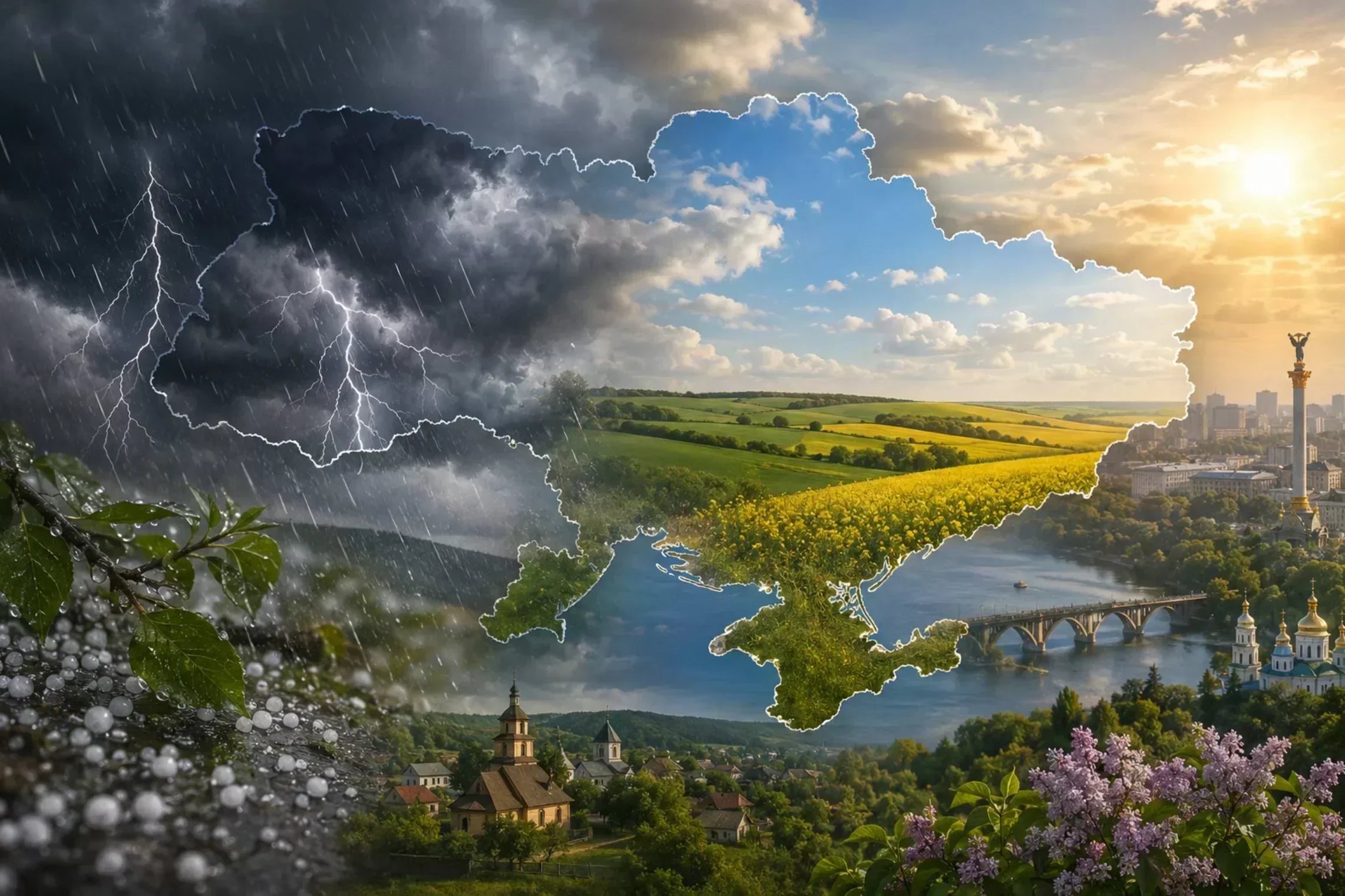 Мапа України з грозовими хмарами та дощем на заході й сонцем на сході
