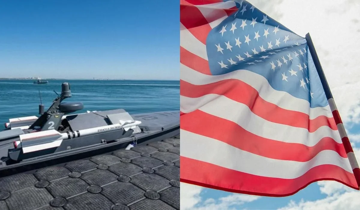 Український морський дрон Magura V5 та прапор США на навчаннях у Тихому океані