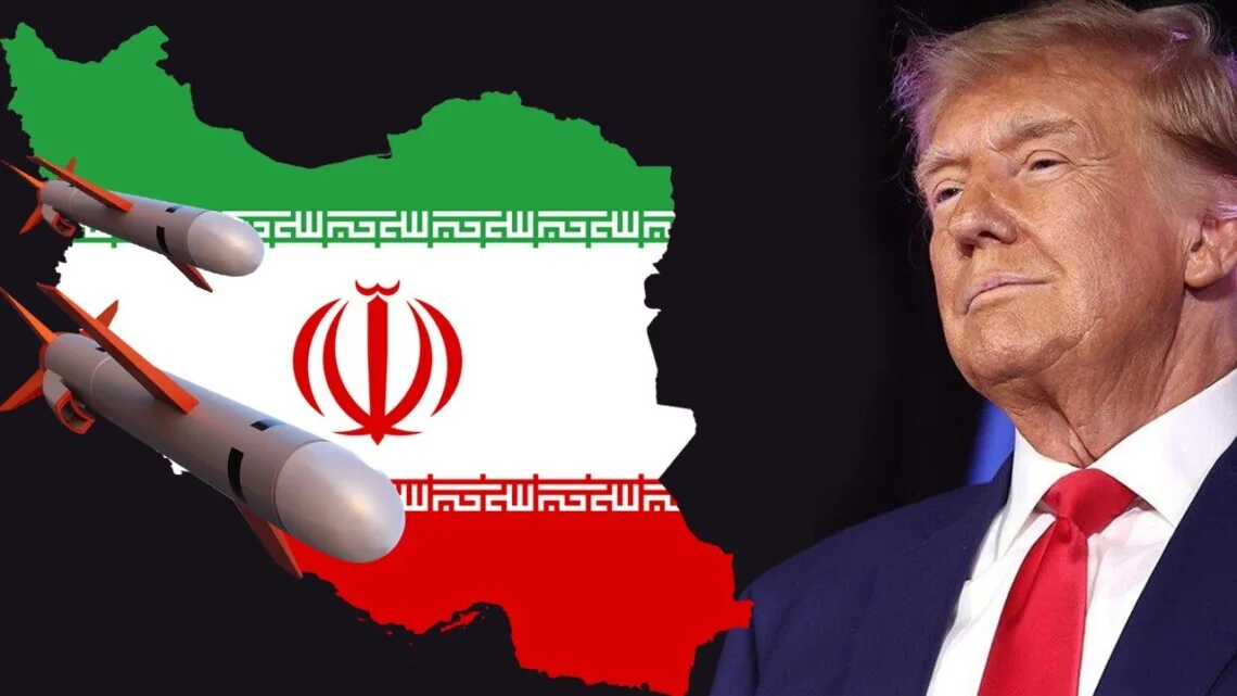 Дональд Трамп на тлі мапи Ірану з прапором та ракетами