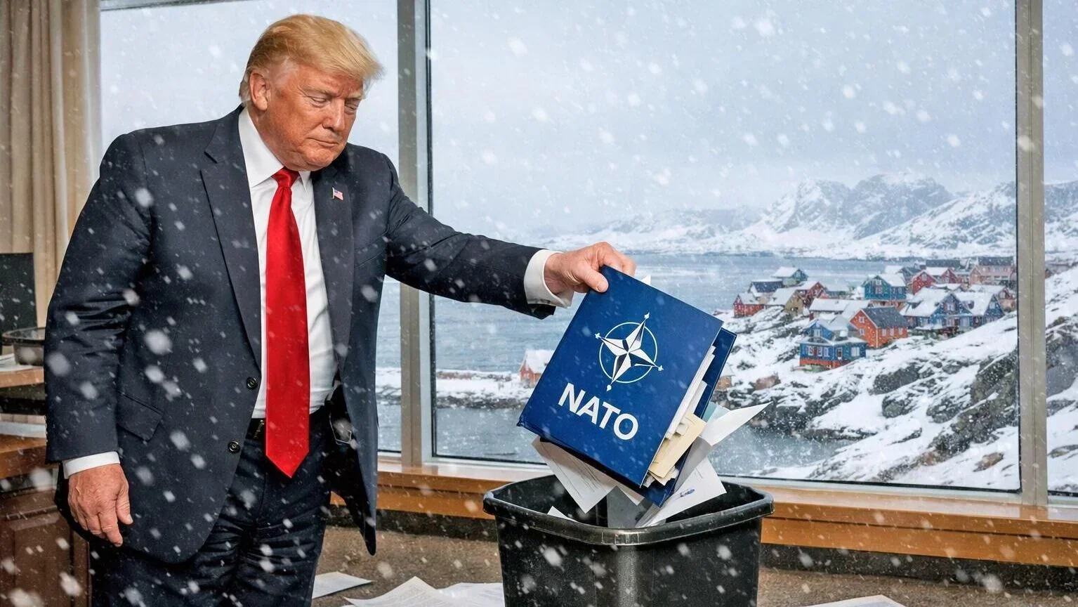 Трамп викидає теку НАТО в смітник на тлі зимового пейзажу
