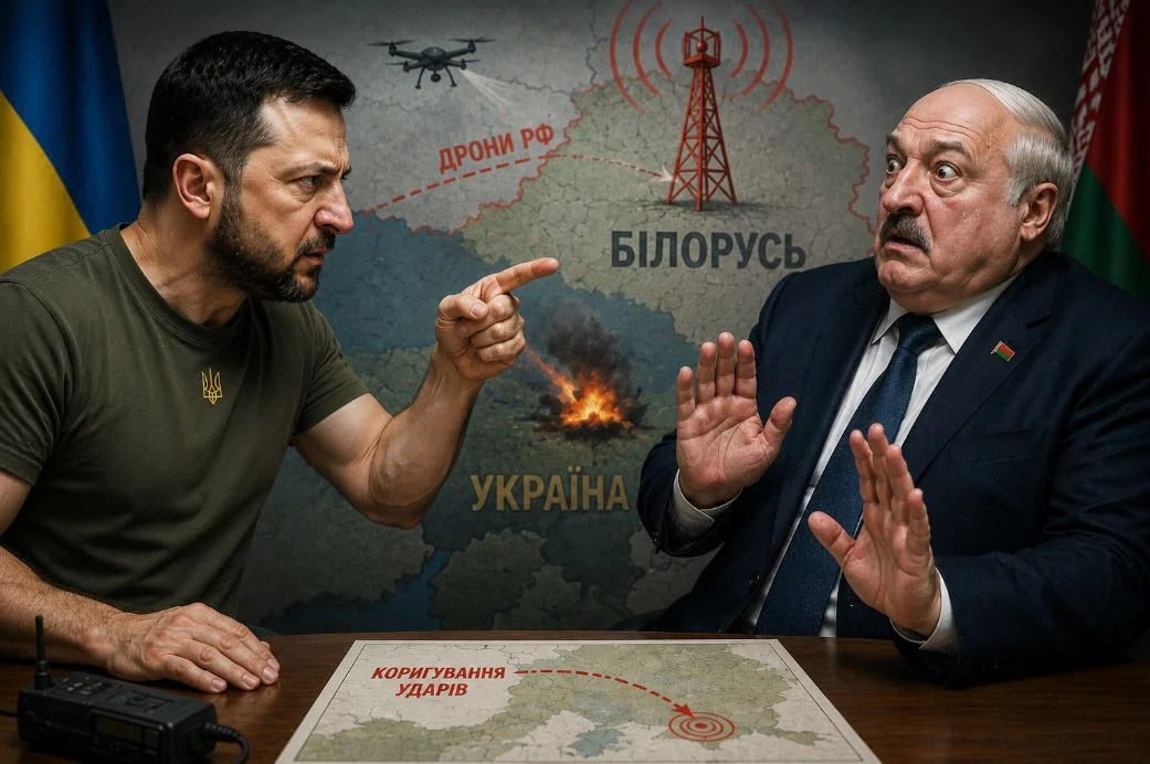 Зеленський вказує на Лукашенка на тлі карти з ретрансляторами дронів РФ у Білорусі