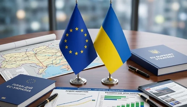 Прапори ЄС та України на столі з документами про вступ до Союзу