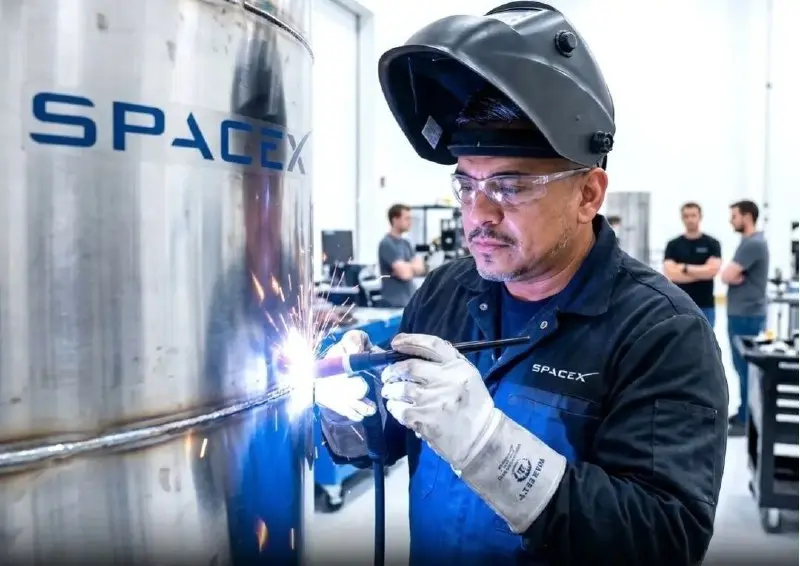 Зварювальник SpaceX Хуан Ернандес виконує зварювання на заводі компанії