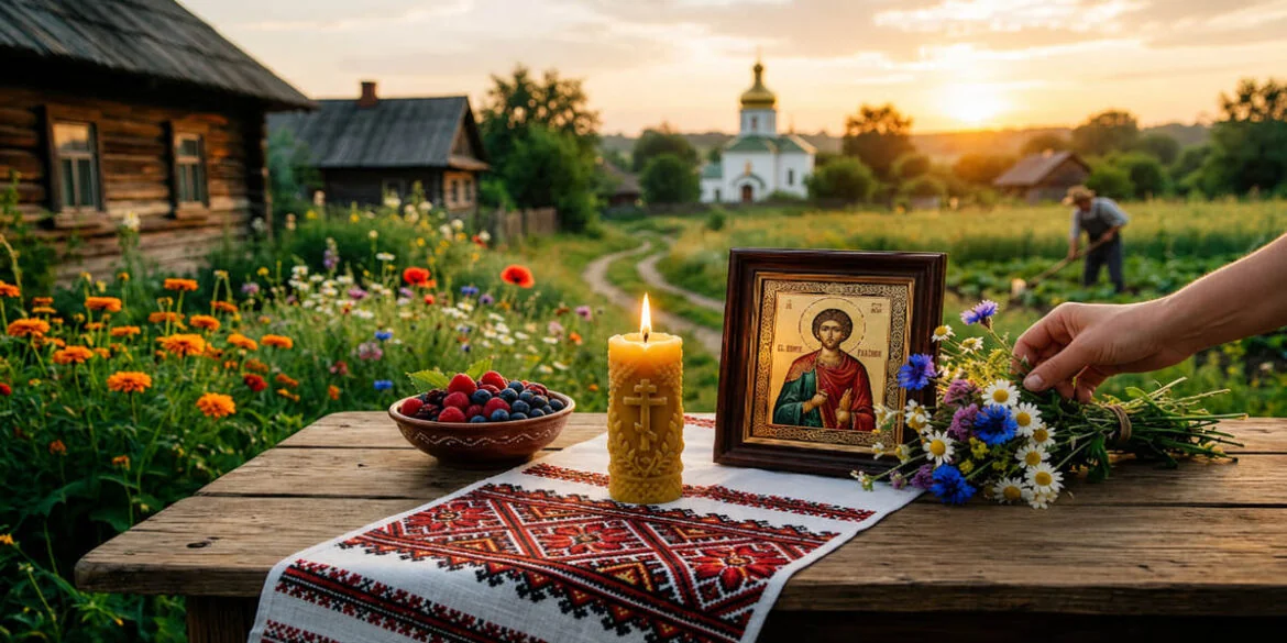 Ікона Афанасія Афонського зі свічкою та квітами на сільському столі