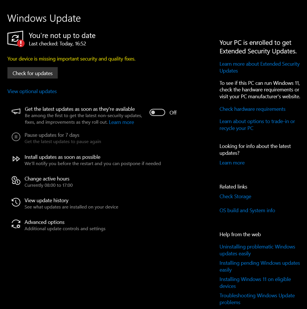 Интерфейс Windows Update с предупреждением об отсутствующих обновлениях безопасности для Windows 11