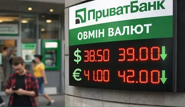 Табло обміну валют ПриватБанку з курсами долара та євро