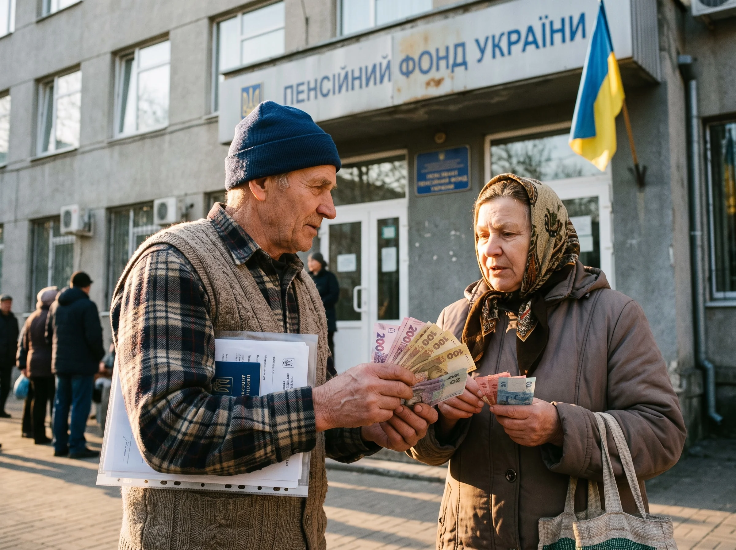 Пенсіонери з документами та гривнями біля Пенсійного фонду України