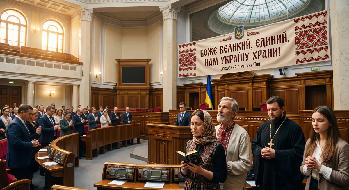 Духовенство виконує гімн «Боже великий, єдиний» у сесійній залі Верховної Ради