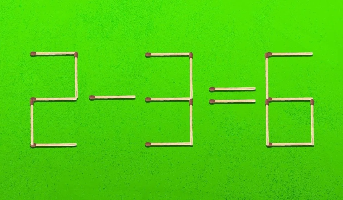 Головоломка со спичками: одно перемещение исправляет 2-3=6 Головоломка из спичек: уравнение 2-3=6 на зеленом фоне