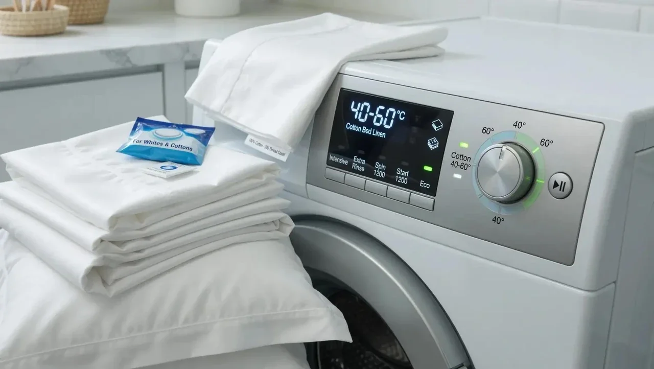 Прання білої постільної білизни в машині на циклі 40-60°C для бавовни