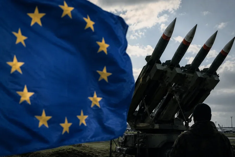 Флаг ЕС и ракетная установка PAC-3 для обороны Европы