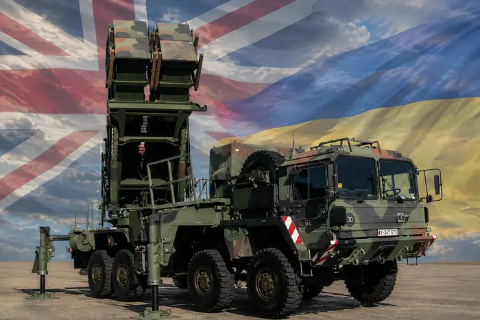 Европа совместно с Украиной может создать аналог Patriot Ракетная система ПВО на фоне флагов Великобритании и Украины как аналог Patriot