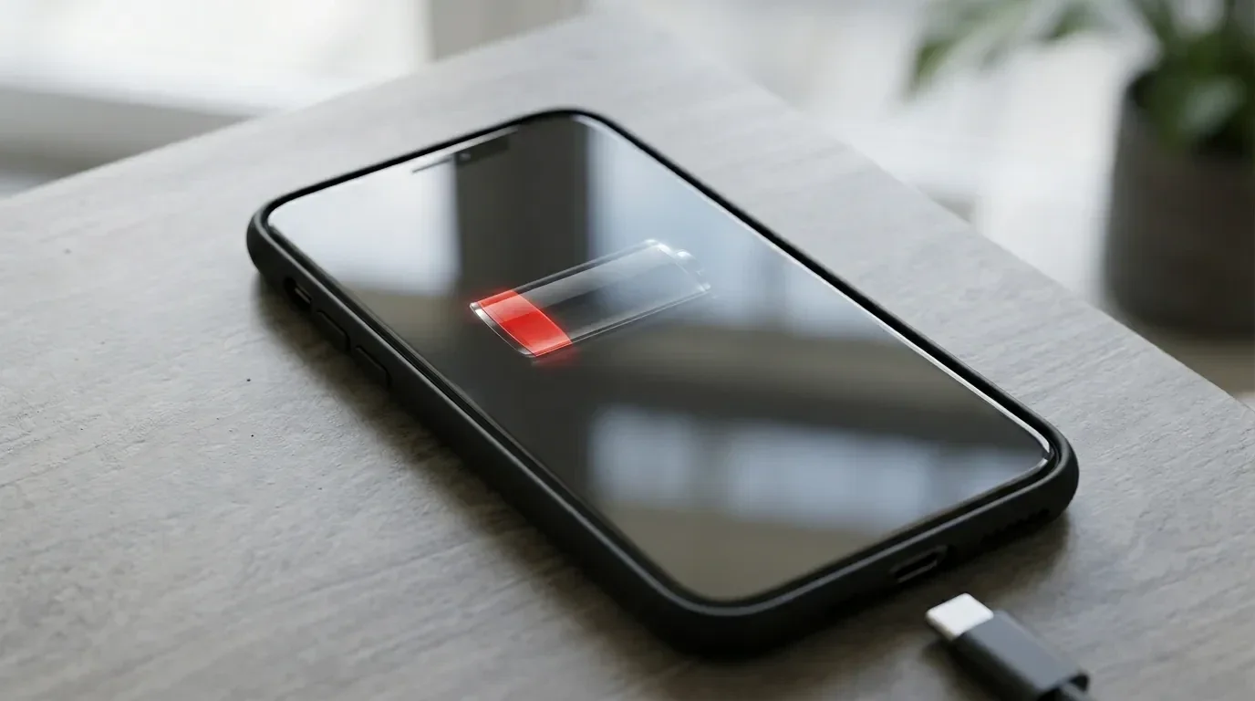 iPhone з червоною іконкою низького заряду акумулятора на зарядці