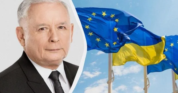 Качиньский: Украина не войдет в ЕС без отказа от культа Бандеры Ярослав Качинский на фоне флагов ЕС и Украины