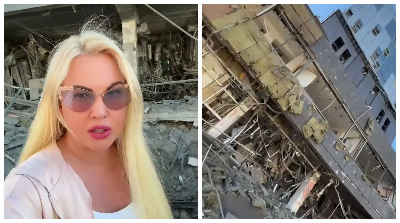 Камалия показала очередной шрам войны после атаки на бизнес-центр Камалия на фоне разрушенного бизнес-центра после атаки российских войск
