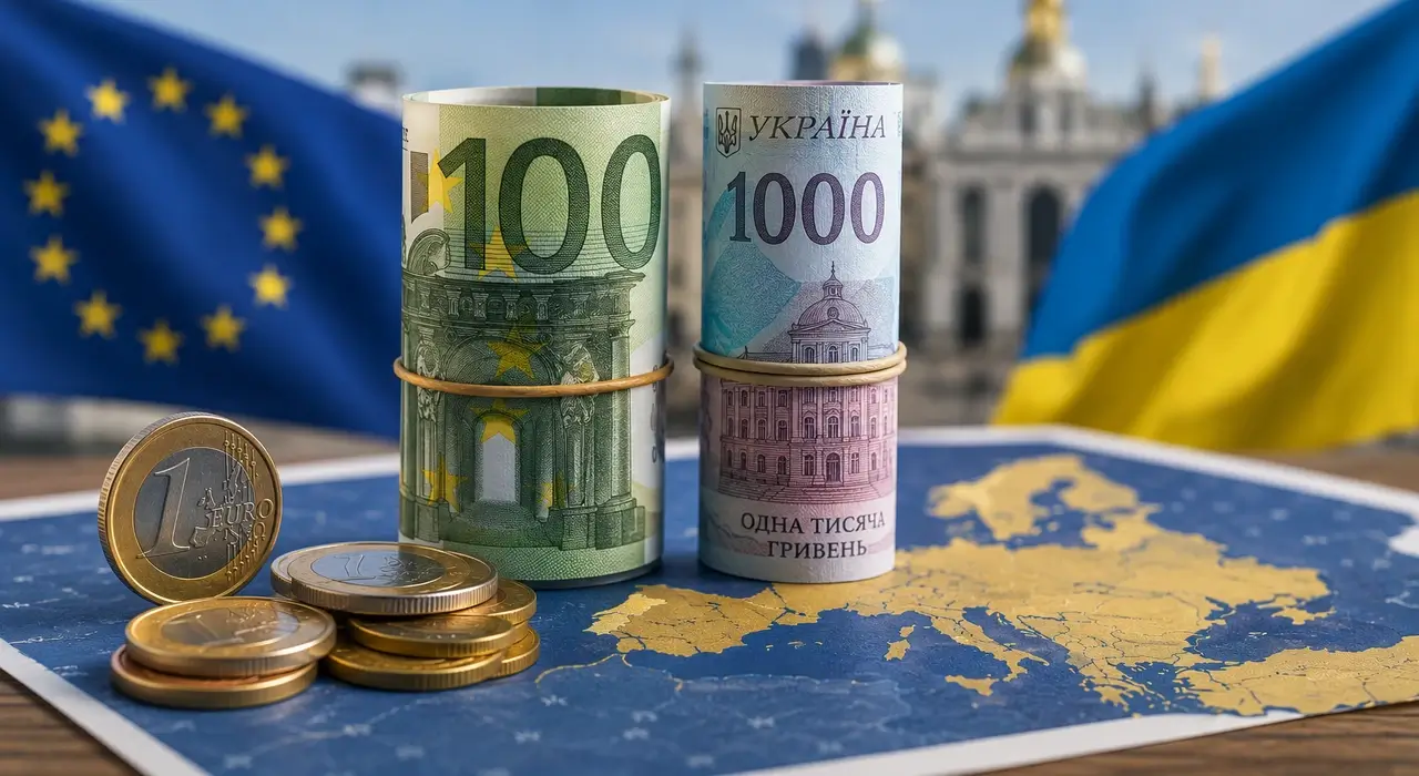 Банкноти 100 євро та 1000 гривень на мапі Європи з прапорами ЄС та України