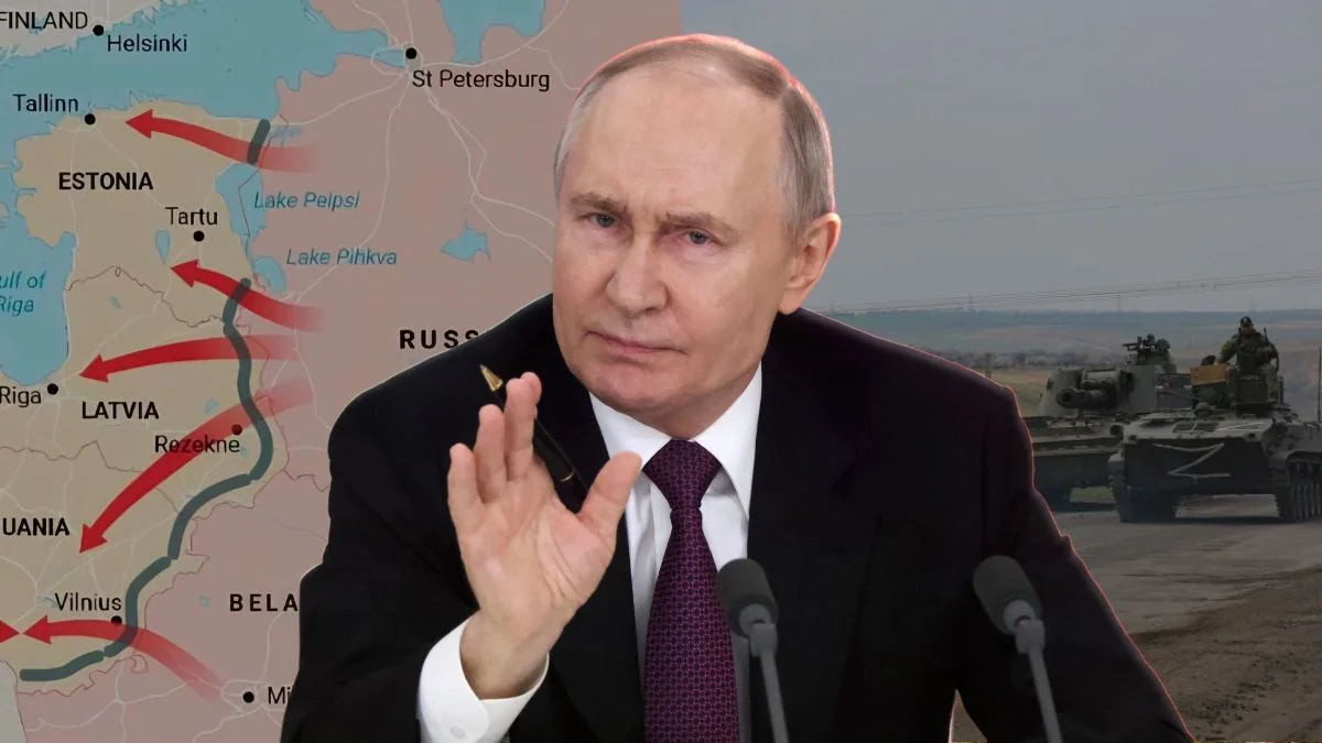 Володимир Путін на тлі карти Балтії з червоними стрілками наступу на Європу