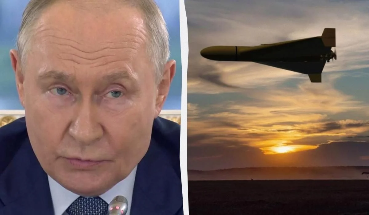 Володимир Путін і крилата ракета як символ загрози атаки на НАТО