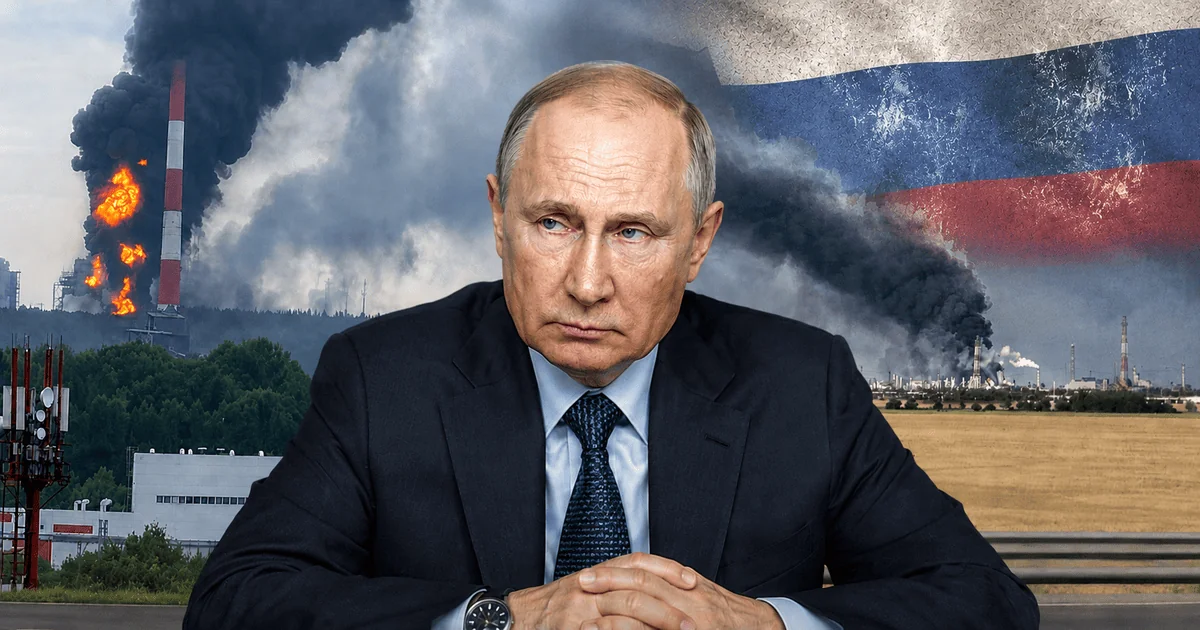 Володимир Путін на тлі палаючого нафтопереробного заводу та прапора Росії