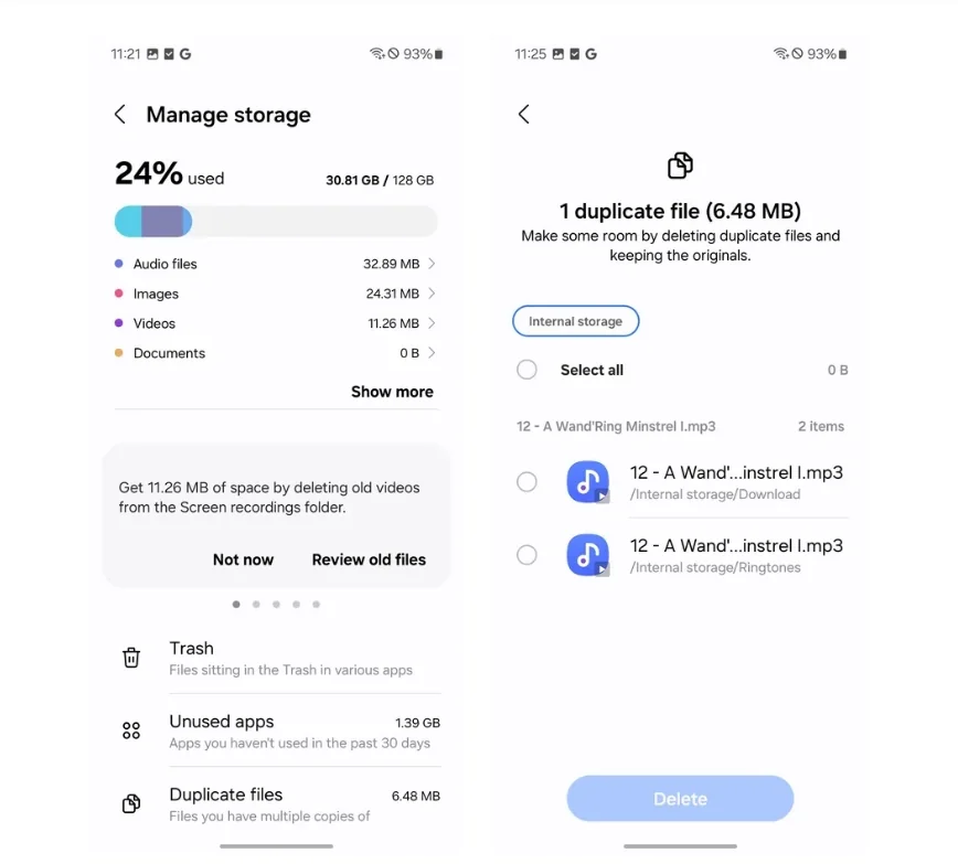 Samsung Galaxy: как быстро освободить память без удаления фото Интерфейс управления памятью Samsung Galaxy с обнаруженными дубликатами файлов