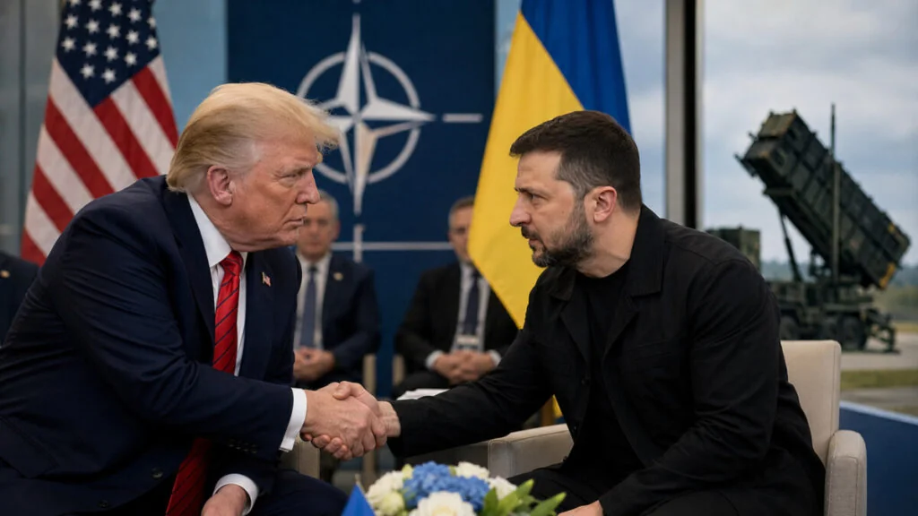 Дональд Трамп и Владимир Зеленский пожимают руки на фоне системы Patriot